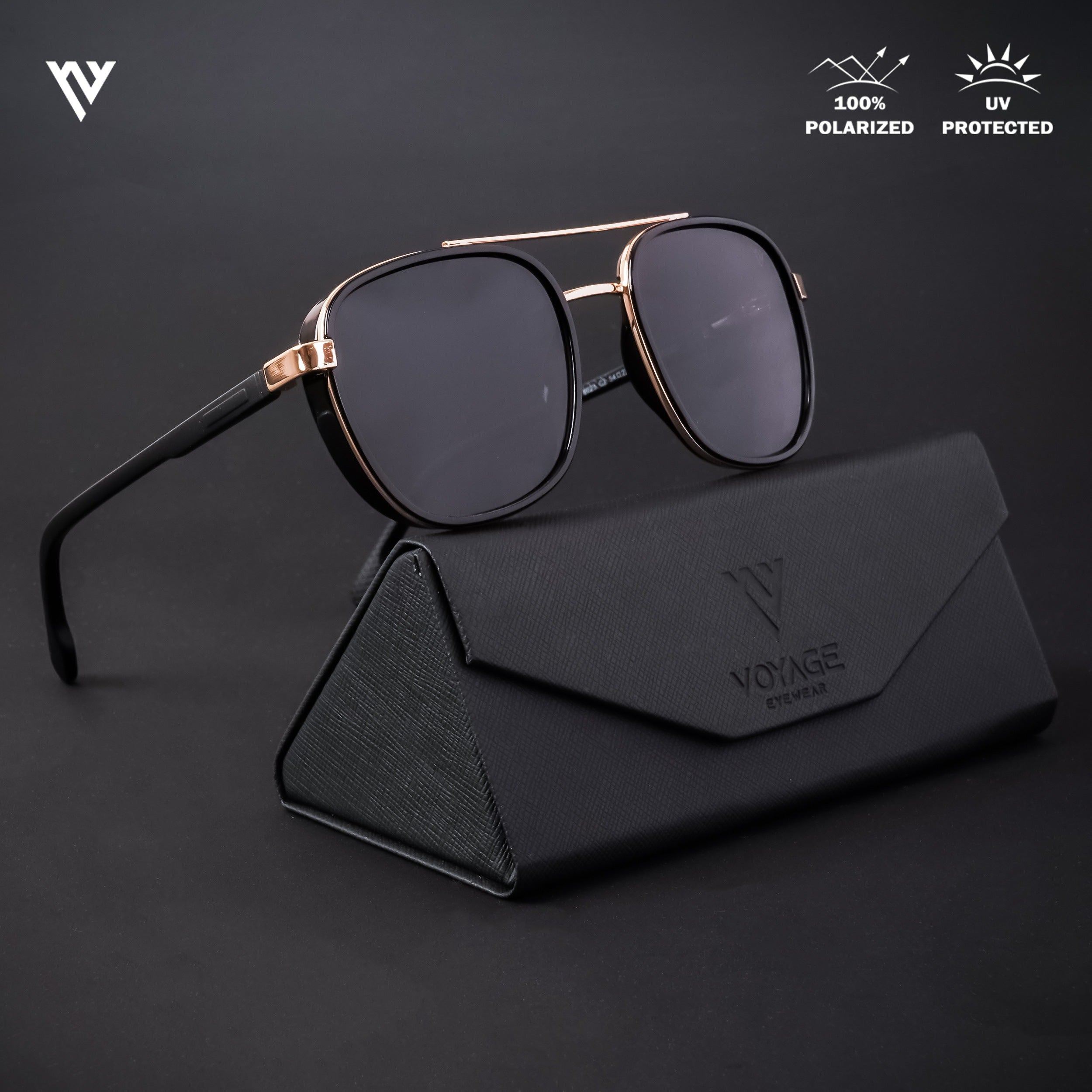 Voyage Exclusive Golden & Shine Black Polarized Wayfarer Sunglasses for Men & Women - PMG4439