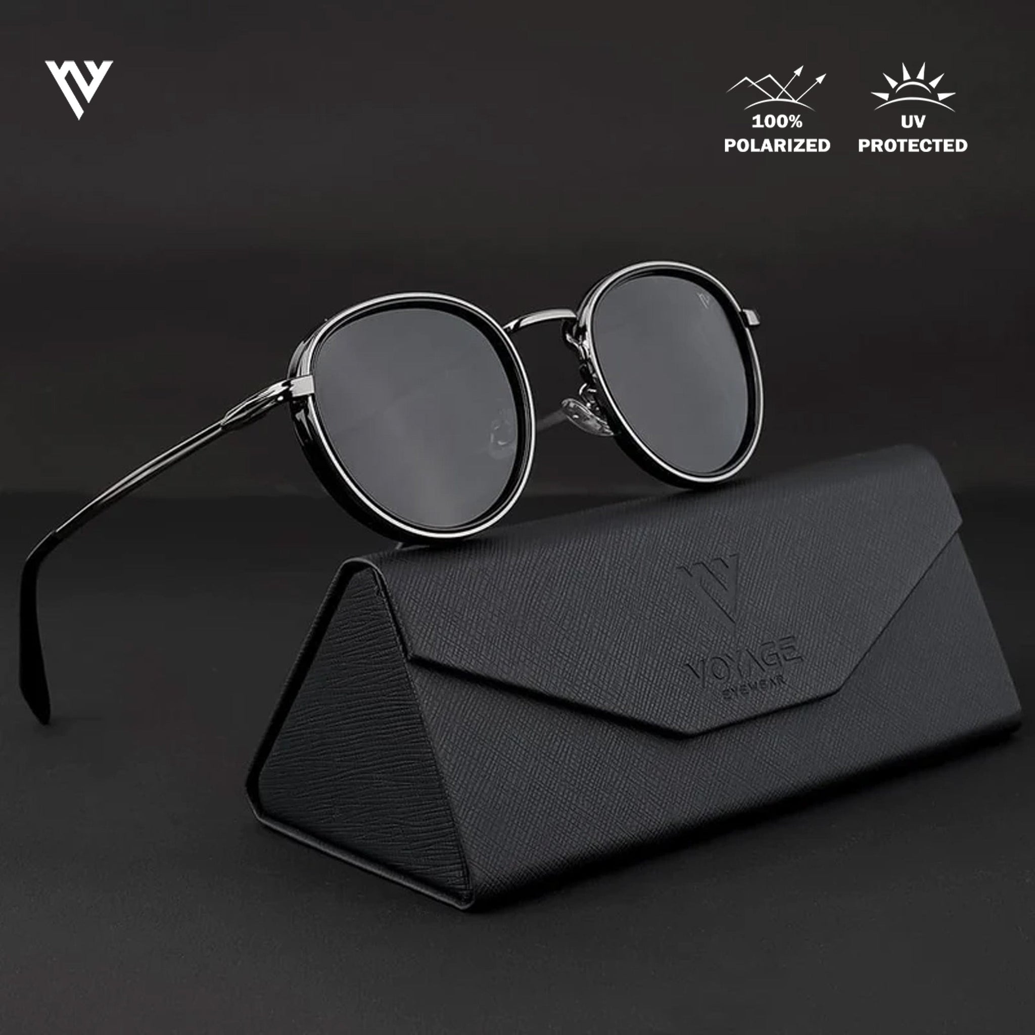 Voyage Exclusive Black And Silver Polarized Round Sunglasses For Men