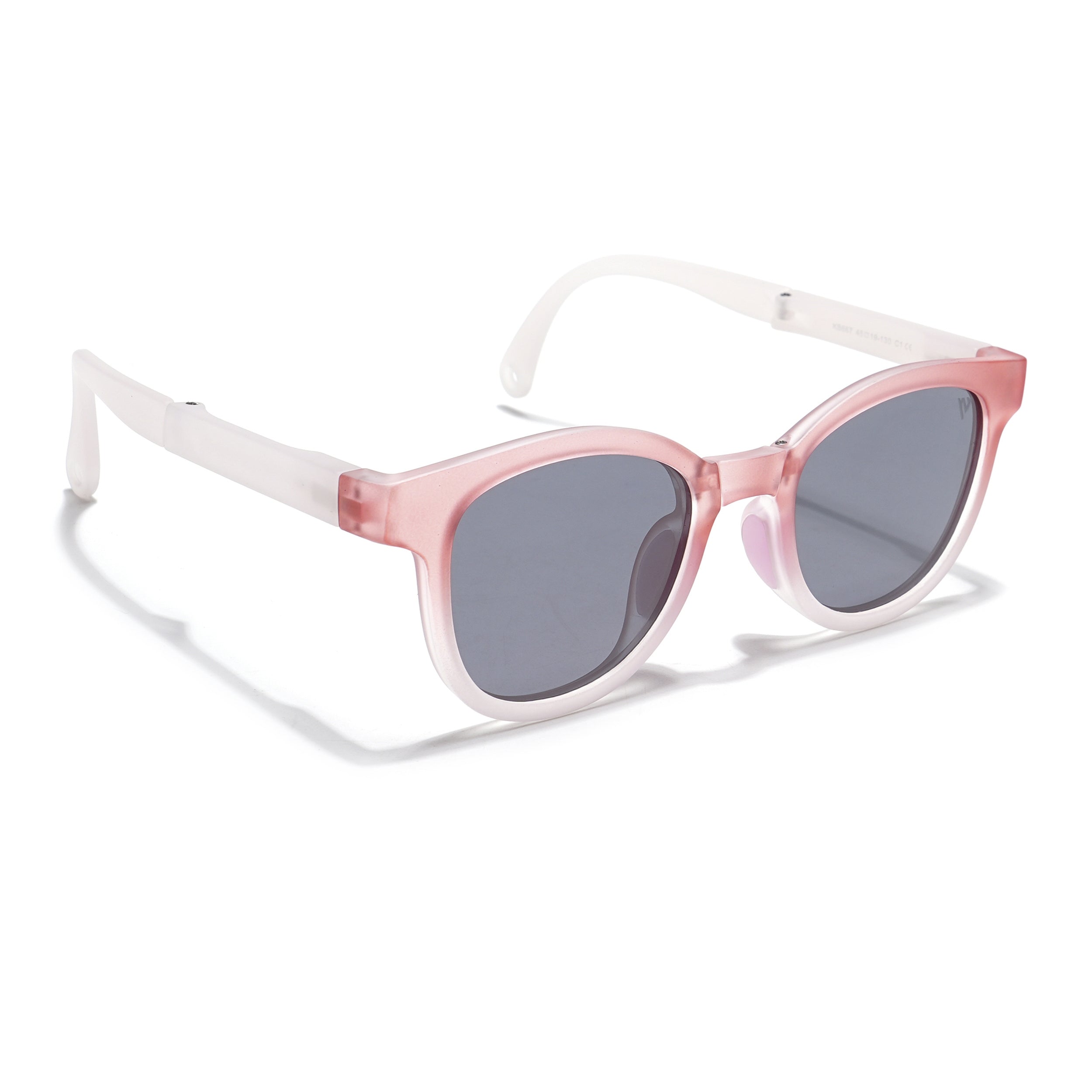 Foldable Round Polarized Sunglasses for Kids -6 yrs To 12 yrs (Black Lens | Baby Pink & Matt White Frame - PMG5918)